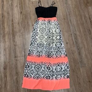 Black and Coral Patterned Maxi Dress